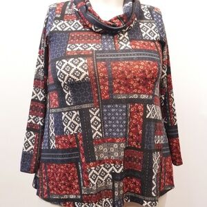 Living Doll LA Womens Plus 1X Patchwork Knit Blouse Cowl Neck Long Sleeve NWT